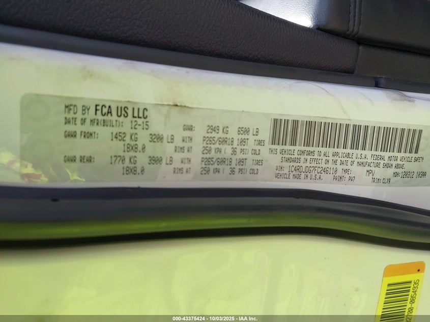 2015 DODGE DURANGO LIMITED - 1C4RDJDG7FC246110