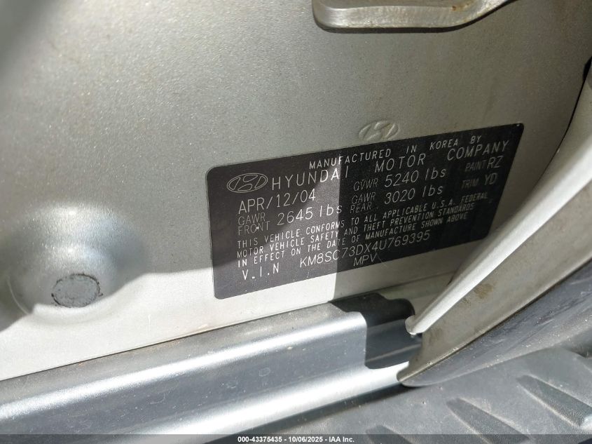 2004 Hyundai Santa Fe Gls VIN: KM8SC73DX4U769395 Lot: 43375435