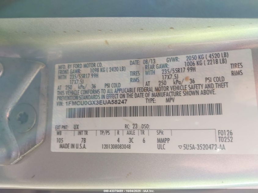 2014 Ford Escape Se VIN: 1FMCU0GX3EUA58247 Lot: 43375459