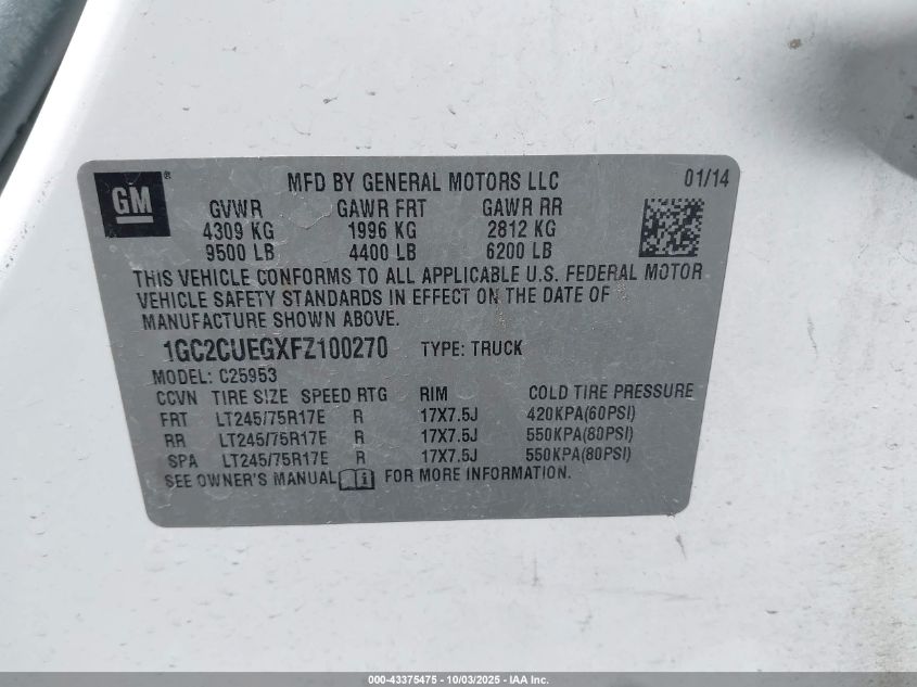 2015 Chevrolet Silverado 2500Hd Wt VIN: 1GC2CUEGXFZ100270 Lot: 43375475