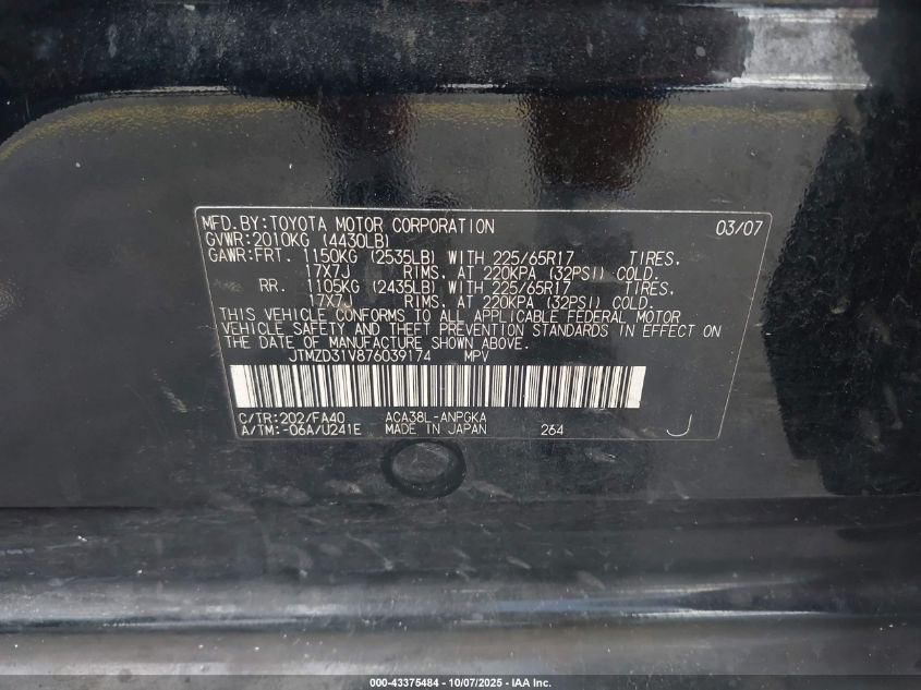 2007 Toyota Rav4 Limited VIN: JTMZD31V876039174 Lot: 43375484