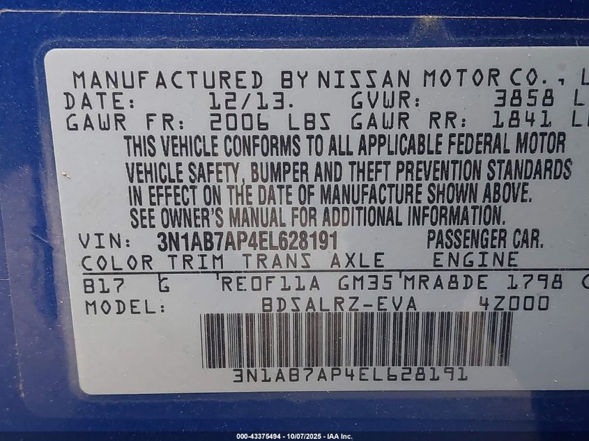 2014 Nissan Sentra Sr VIN: 3N1AB7AP4EL628191 Lot: 43375494