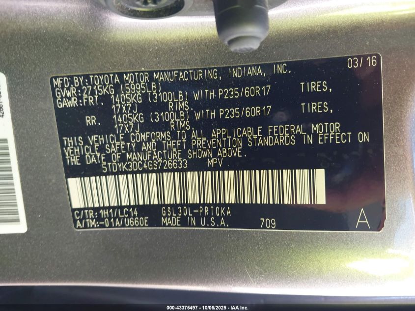 2016 Toyota Sienna Xle Premium 8 Passenger VIN: 5TDYK3DC4GS726633 Lot: 43375497