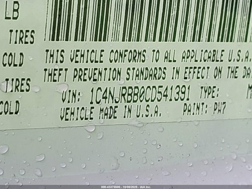 2012 Jeep Patriot Sport VIN: 1C4NJRBB0CD541391 Lot: 43375500
