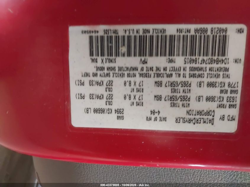 2004 Dodge Durango Slt VIN: 1D4HB48D74F184015 Lot: 43375505
