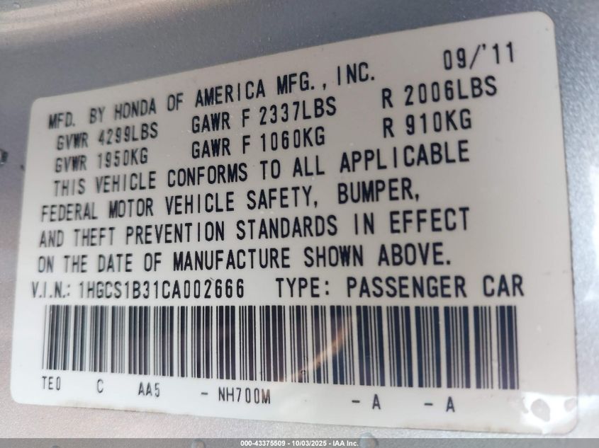 2012 Honda Accord 2.4 Lx-S VIN: 1HGCS1B31CA002666 Lot: 43375509