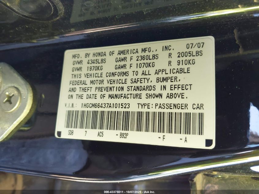 2007 Honda Accord 3.0 Se VIN: 1HGCM66437A101523 Lot: 43375511