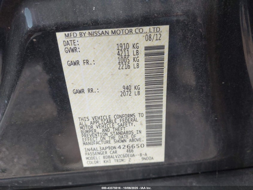 2013 Nissan Altima 2.5 Sl VIN: 1N4AL3AP9DN426650 Lot: 43375516