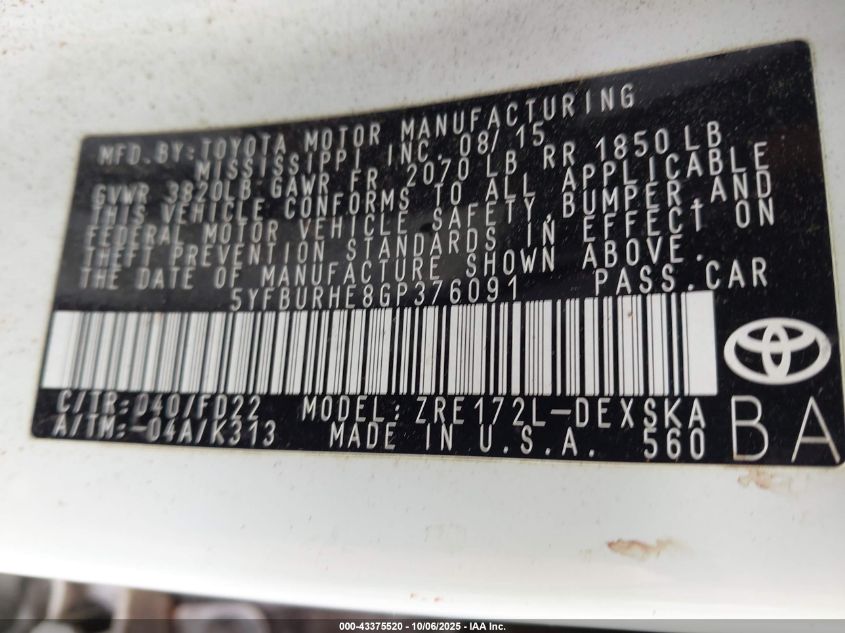 2016 Toyota Corolla S Plus VIN: 5YFBURHE8GP376091 Lot: 43375520