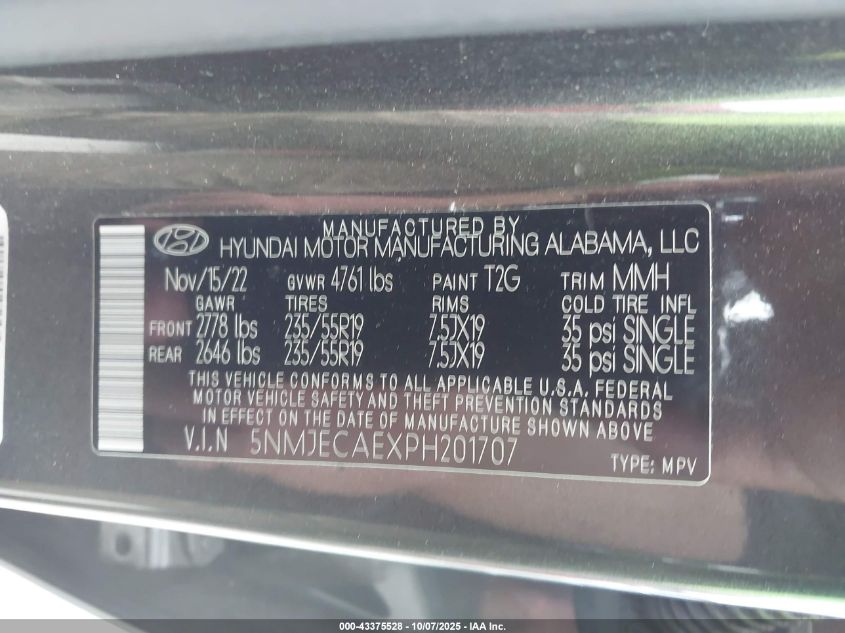 2023 Hyundai Tucson Limited VIN: 5NMJECAEXPH201707 Lot: 43375528