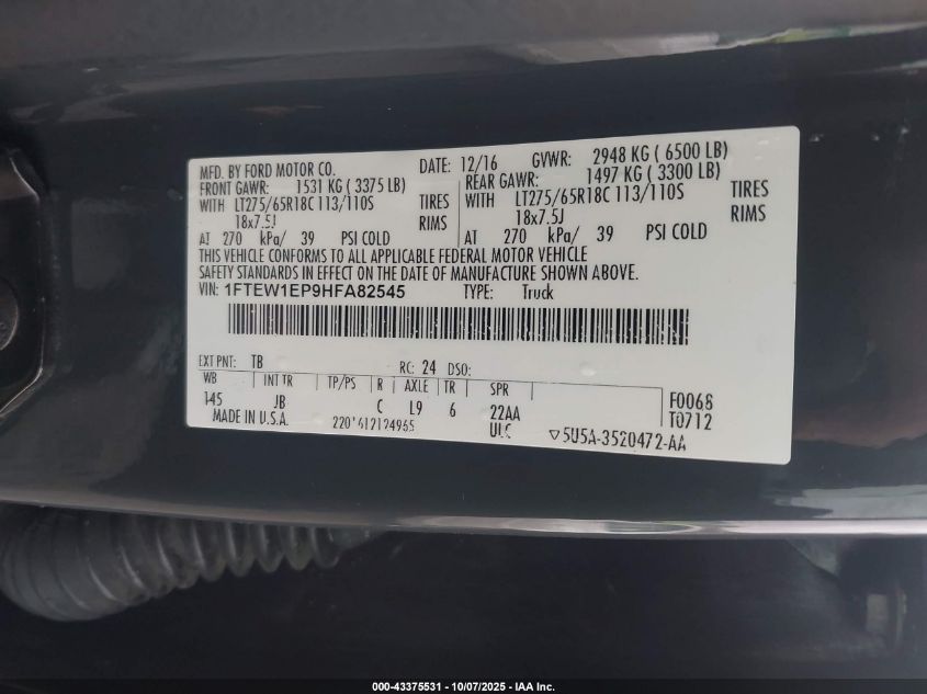 2017 Ford F-150 Xlt VIN: 1FTEW1EP9HFA82545 Lot: 43375531