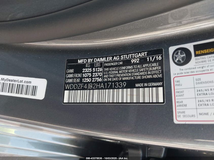 2017 Mercedes-Benz E 300 VIN: WDDZF4JB2HA171339 Lot: 43375536