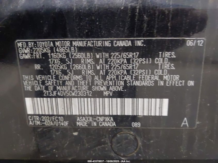 2012 Toyota Rav4 VIN: 2T3JF4DV5CW230312 Lot: 43375537