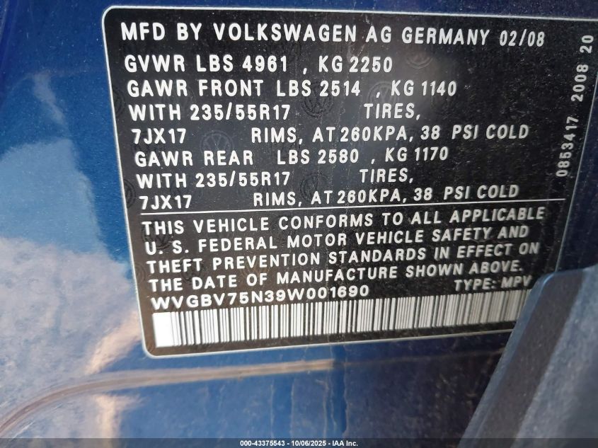 2009 Volkswagen Tiguan Se/Sel VIN: WVGBV75N39W001690 Lot: 43375543