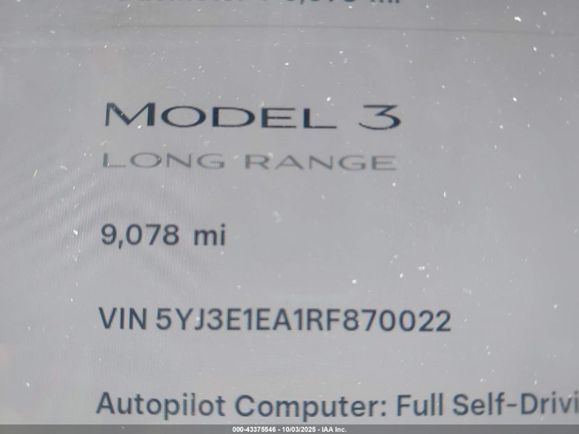 2024 Tesla Model 3 Long Range Dual Motor All-Wheel Drive/Rear-Wheel Drive VIN: 5YJ3E1EA1RF870022 Lot: 43375546