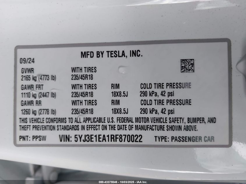 2024 Tesla Model 3 Long Range Dual Motor All-Wheel Drive/Rear-Wheel Drive VIN: 5YJ3E1EA1RF870022 Lot: 43375546