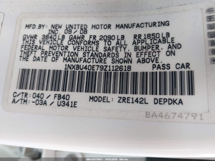 2009 Toyota Corolla Le VIN: 1NXBU40E79Z112618 Lot: 43375547