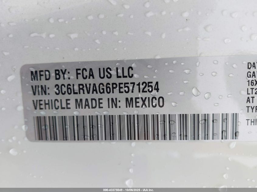 2023 Ram Promaster 1500 Low Roof 136 Wb VIN: 3C6LRVAG6PE571254 Lot: 43375549