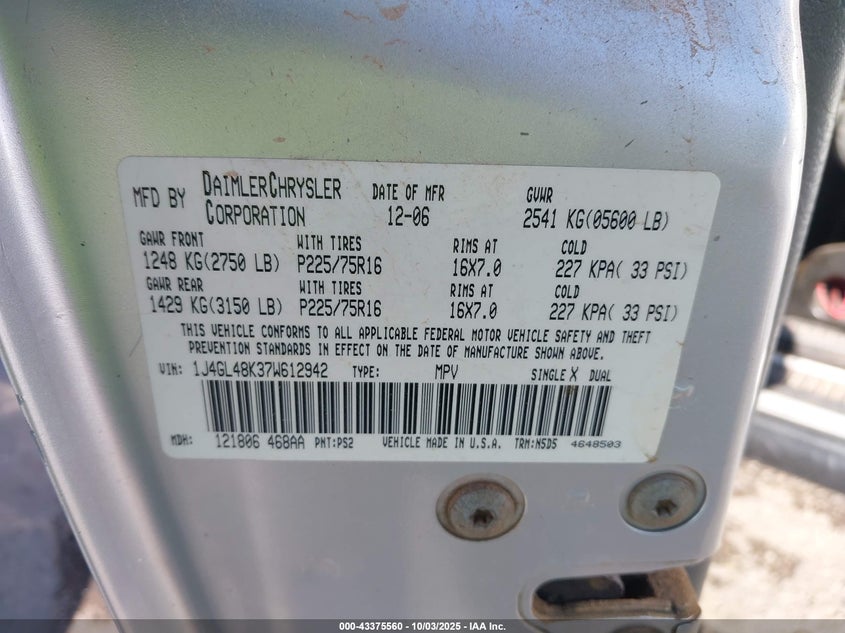 2007 Jeep Liberty Sport VIN: 1J4GL48K37W612942 Lot: 43375560