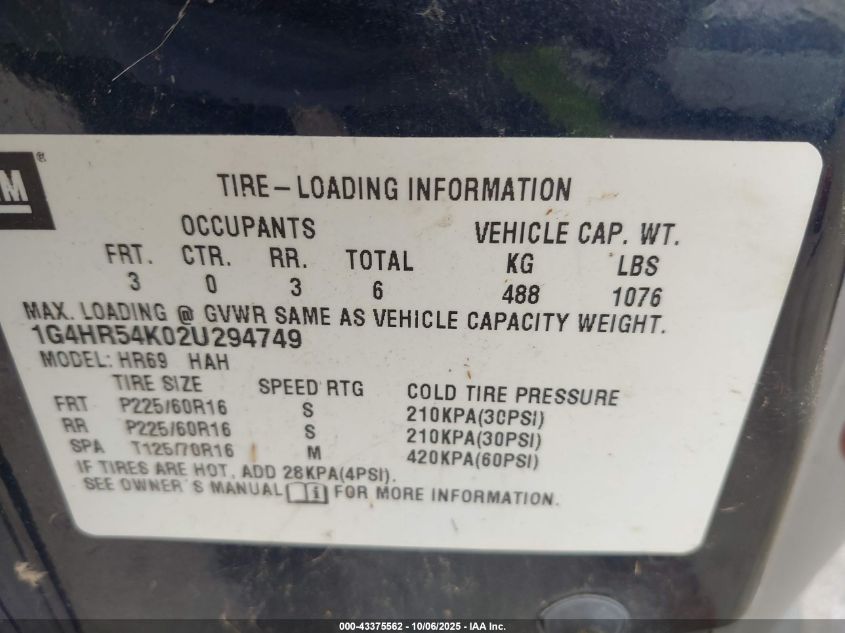 2002 Buick Lesabre Limited VIN: 1G4HR54K02U294749 Lot: 43375562