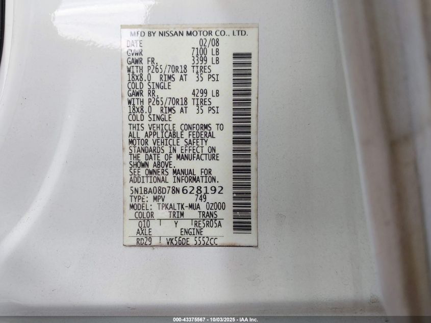 2008 Nissan Armada Se VIN: 5N1BA08D78N628192 Lot: 43375567