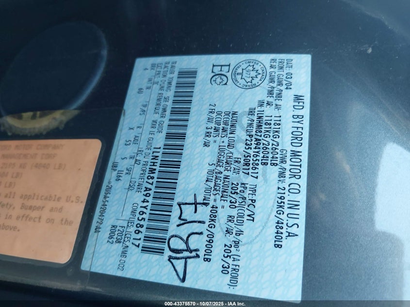 2004 Lincoln Ls V8 VIN: 1LNHM87A94Y658617 Lot: 43375570