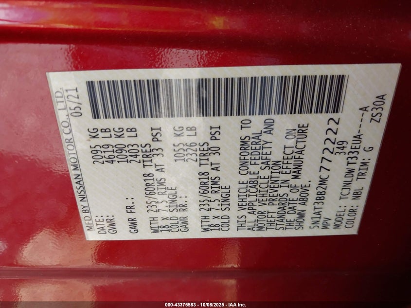 2021 Nissan Rogue Sv Intelligent Awd VIN: 5N1AT3BB2MC772222 Lot: 43375583