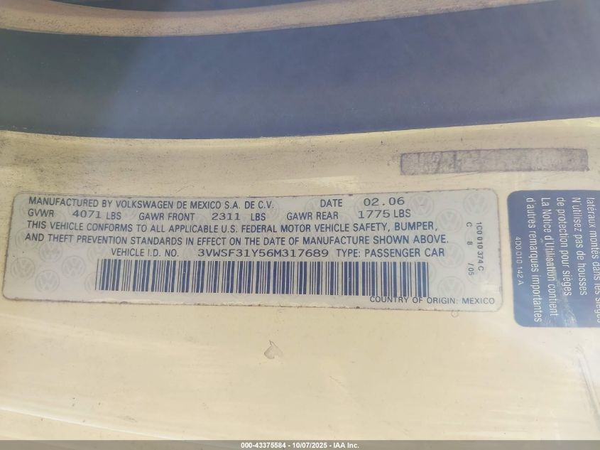 2006 Volkswagen New Beetle 2.5 VIN: 3VWSF31Y56M317689 Lot: 43375584
