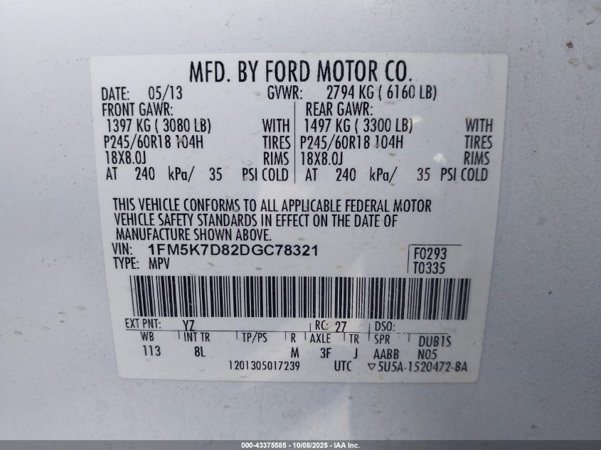 2013 Ford Explorer Xlt VIN: 1FM5K7D82DGC78321 Lot: 43375585