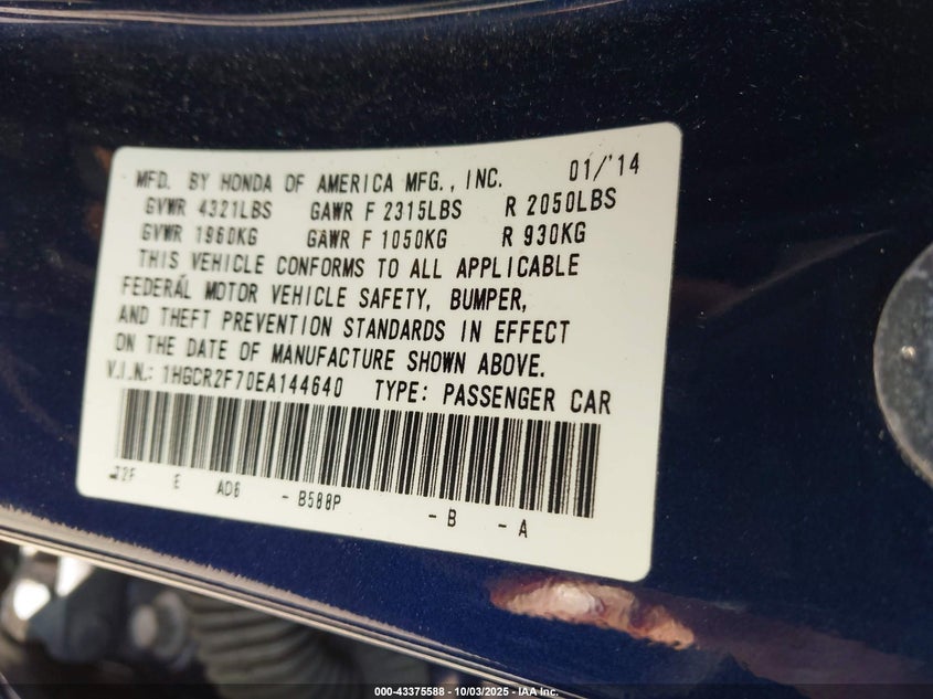 2014 Honda Accord Ex VIN: 1HGCR2F70EA144640 Lot: 43375588