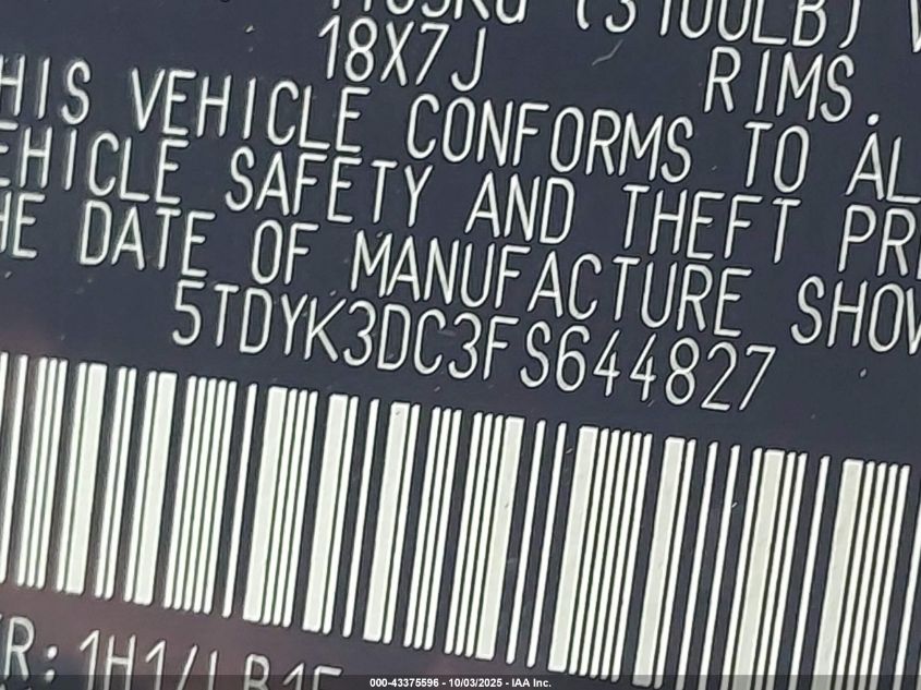 2015 Toyota Sienna Limited Premium 7 Passenger VIN: 5TDYK3DC3FS644827 Lot: 43375596