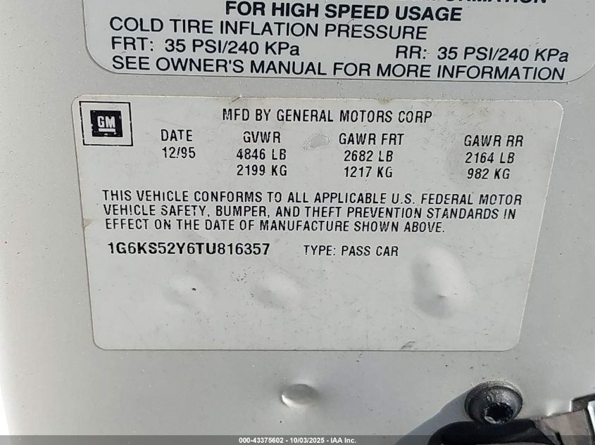 1996 Cadillac Seville Sls VIN: 1G6KS52Y6TU816357 Lot: 43375602