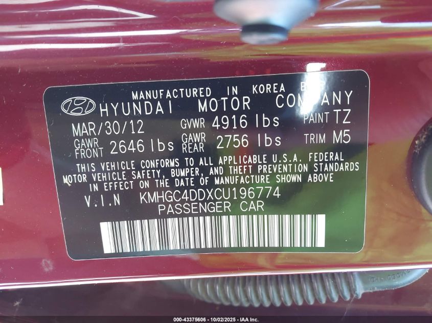 2012 Hyundai Genesis 3.8 VIN: KMHGC4DDXCU196774 Lot: 43375606