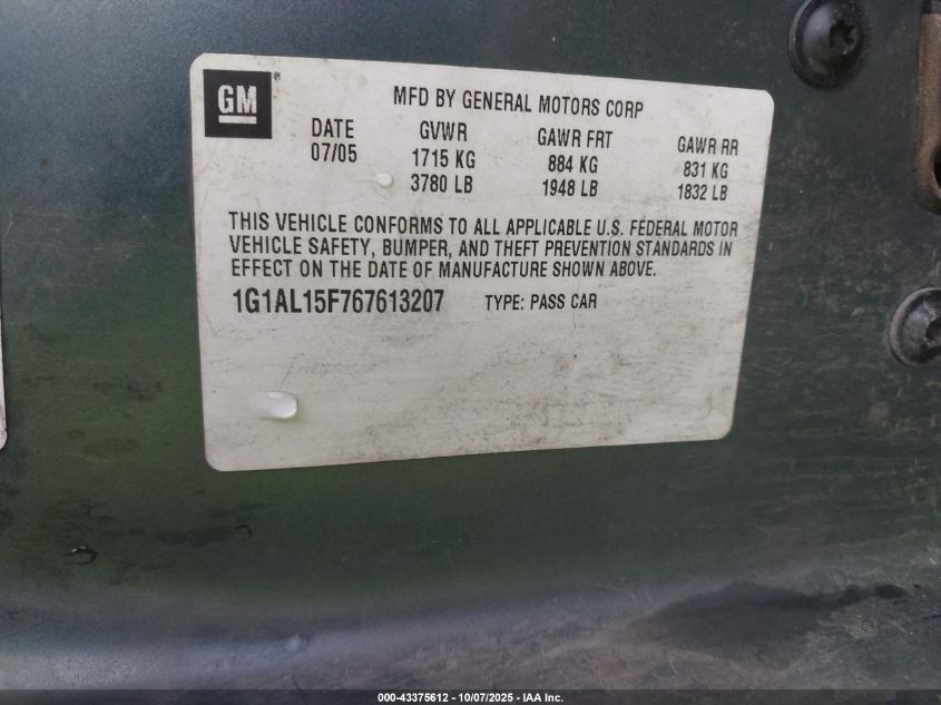 2006 Chevrolet Cobalt Lt VIN: 1G1AL15F767613207 Lot: 43375612