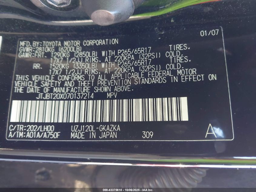 2007 Lexus Gx 470 VIN: JTJBT20X070137214 Lot: 43375618