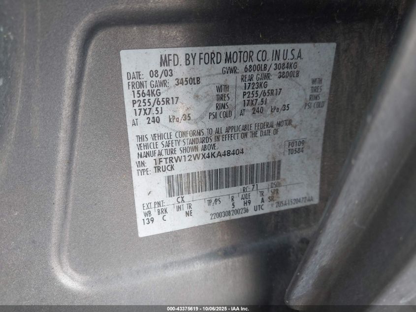 2004 Ford F-150 Xlt VIN: 1FTRW12WX4KAJ5404 Lot: 43375619