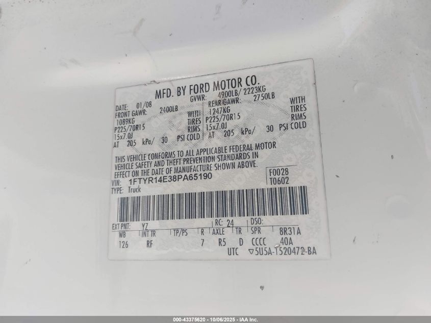 2008 Ford Ranger Sport/Xl/Xlt VIN: 1FTYR14E38PA65190 Lot: 43375620