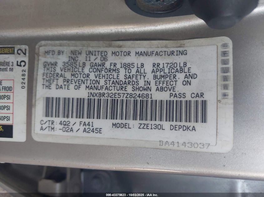 2007 Toyota Corolla Ce VIN: 1NXBR32E57Z824681 Lot: 43375623