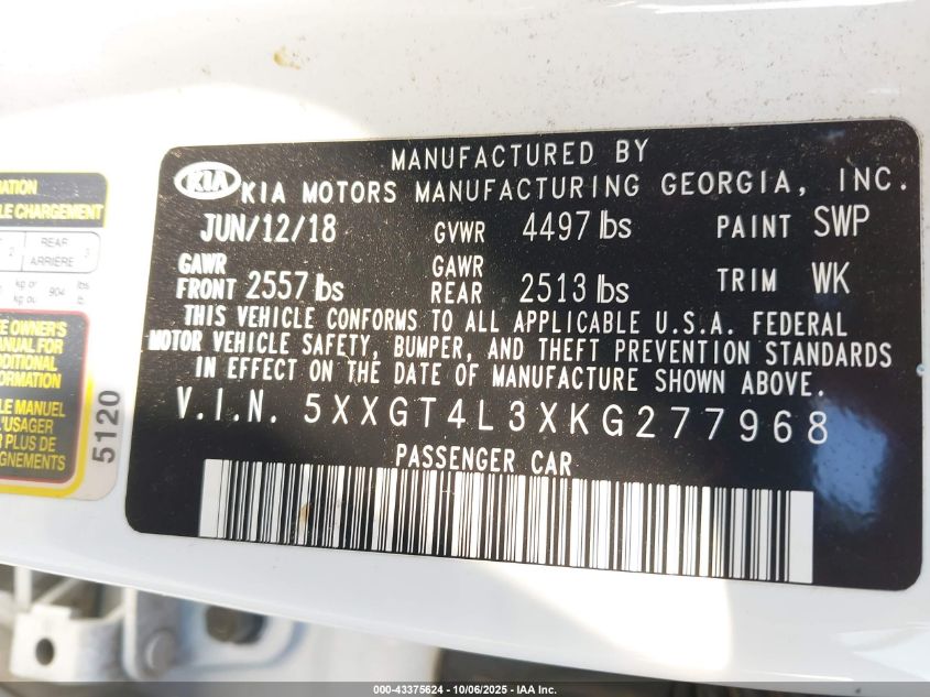 2019 Kia Optima Lx VIN: 5XXGT4L3XKG277968 Lot: 43375624