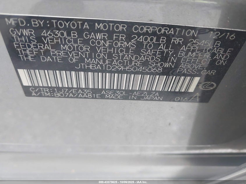 2017 LEXUS IS 200T JTHBA1D29H5045068