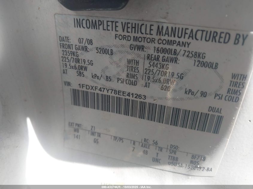 2008 Ford F-450 Chassis Xl/Xlt VIN: 1FDXF47Y78EE41263 Lot: 43375629