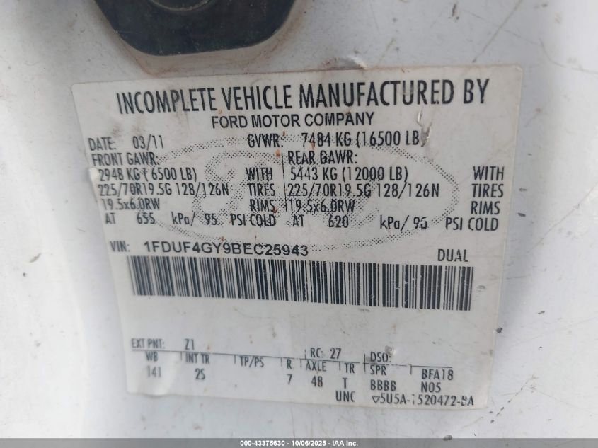 2011 Ford F-450 Chassis Xl VIN: 1FDUF4GY9BEC25943 Lot: 43375630