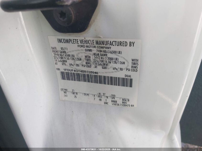 2011 Ford F-450 Chassis Xl VIN: 1FDUF4GY4BEC25946 Lot: 43375631