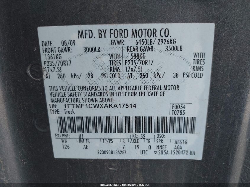 2010 Ford F-150 Stx/Xl/Xlt VIN: 1FTMF1CWXAKA17514 Lot: 43375645