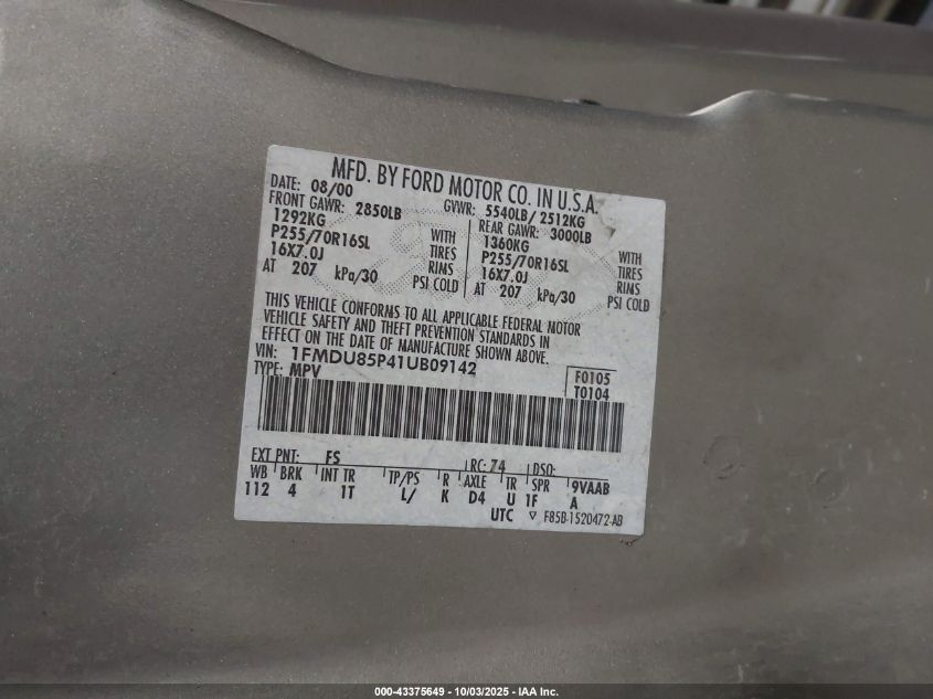 2001 Ford Explorer Limited VIN: 1FMDU85P41UB09142 Lot: 43375649