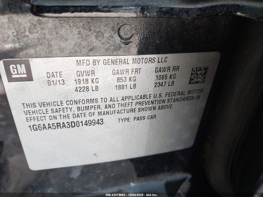 2013 Cadillac Ats Standard VIN: 1G6AA5RA3D0149943 Lot: 43375663