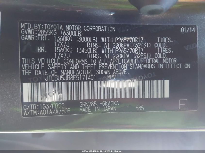 2014 Toyota 4Runner Sr5 VIN: JTEBU5JR8E5171401 Lot: 43375665