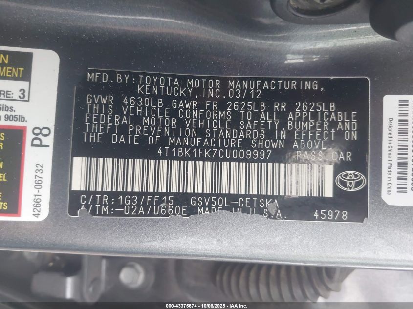 2012 Toyota Camry Se V6 VIN: 4T1BK1FK7CU009997 Lot: 43375674