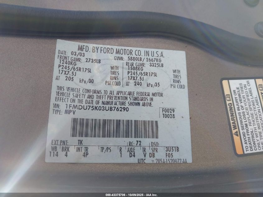 2003 Ford Explorer Limited VIN: 1FMDU75K03UB76290 Lot: 43375706