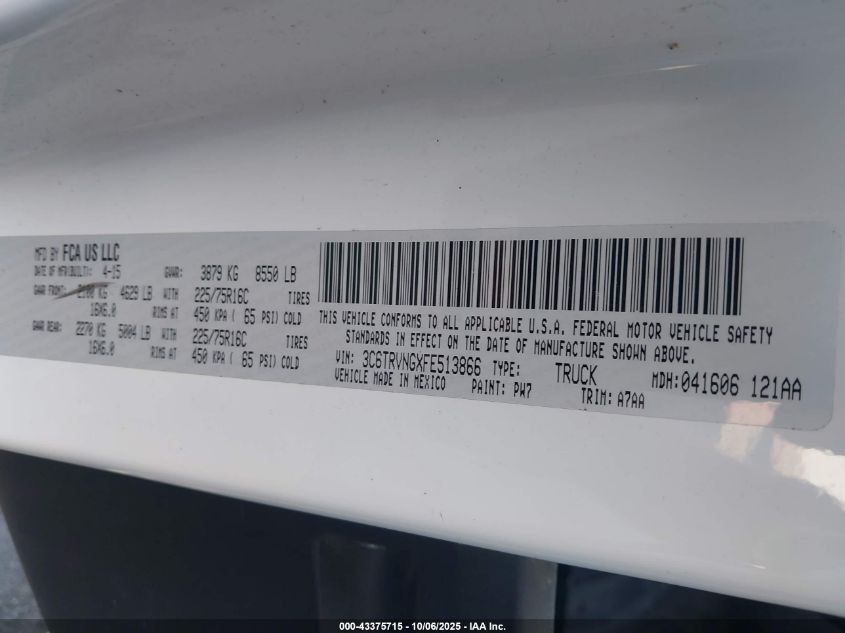 2015 Ram Promaster 1500 Low Roof VIN: 3C6TRVNGXFE513866 Lot: 43375715